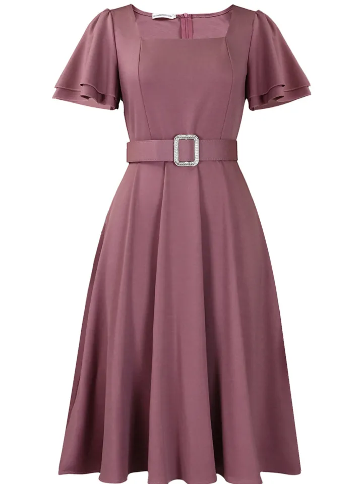 Flared Sleeve Square Neck Midi Dress with Belt