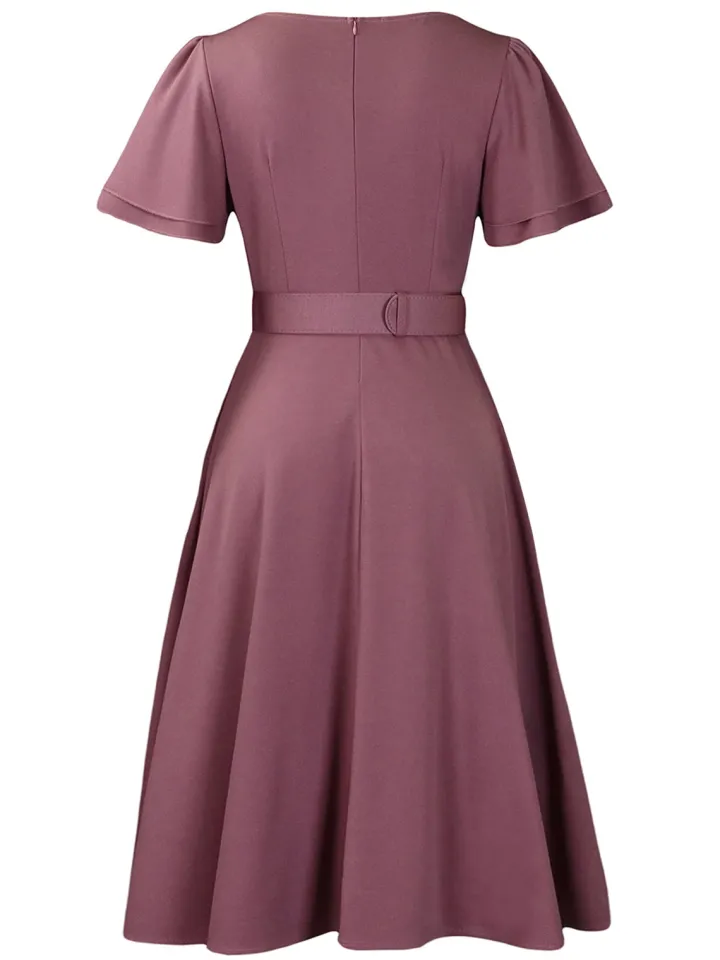 Flared Sleeve Square Neck Midi Dress with Belt