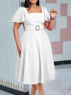 Flared Sleeve Square Neck Midi Dress with Belt