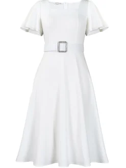 Flared Sleeve Square Neck Midi Dress with Belt