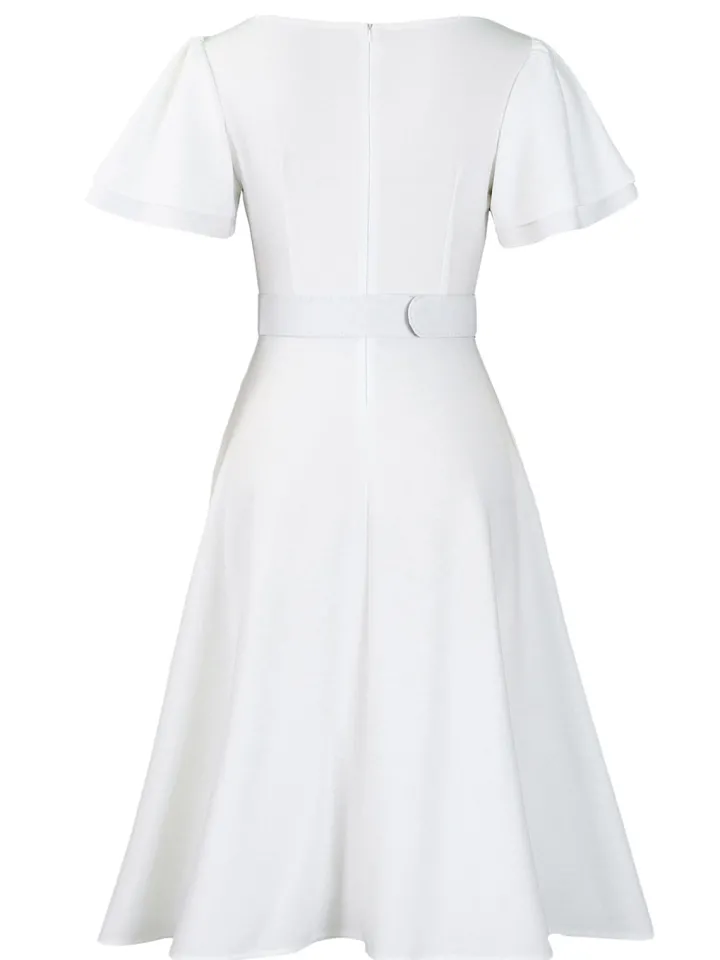 Flared Sleeve Square Neck Midi Dress with Belt