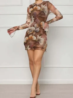 Floral Bell Sleeve Mesh Mini Dress