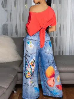 Floral Butterfly Print Wide Leg Jeans