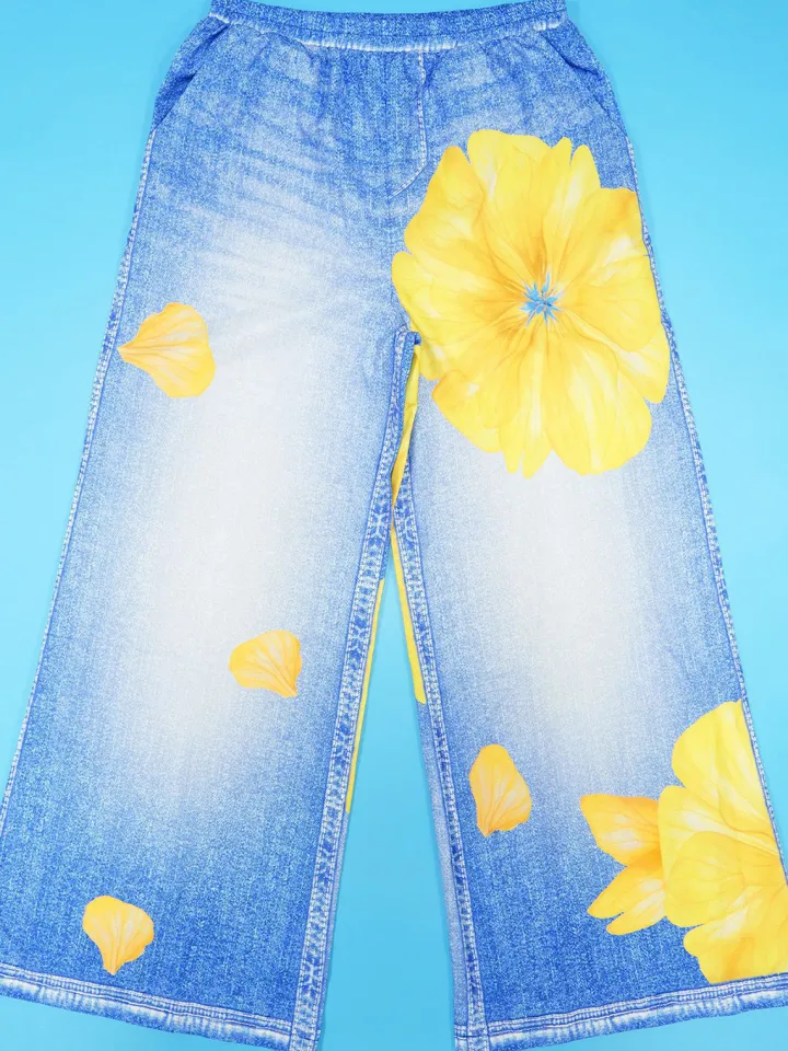 Floral Butterfly Print Wide Leg Jeans