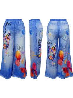 Floral Butterfly Print Wide Leg Jeans