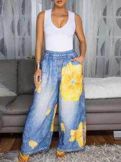 Floral Butterfly Print Wide Leg Jeans