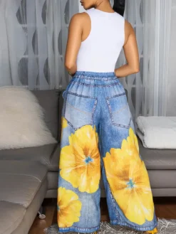 Floral Butterfly Print Wide Leg Jeans