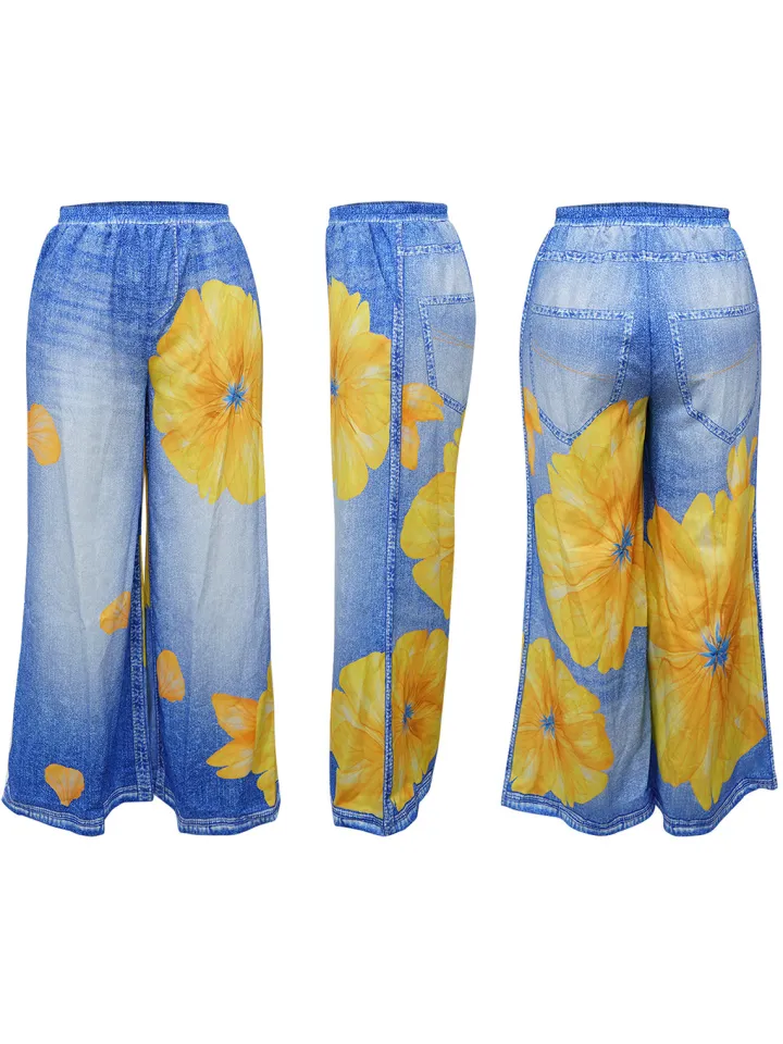 Floral Butterfly Print Wide Leg Jeans