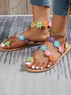 Floral Pattern Toe Ring Sandal
