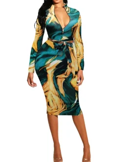 Floral Print Long Sleeve Belted Midi Dress