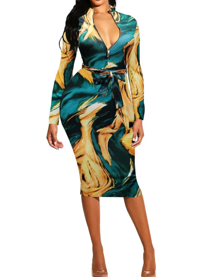 Floral Print Long Sleeve Belted Midi Dress