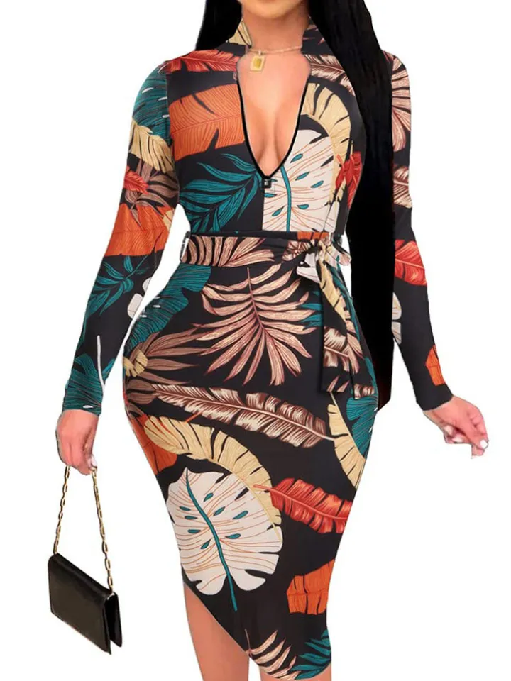 Floral Print Long Sleeve Belted Midi Dress