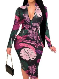 Floral Print Long Sleeve Belted Midi Dress