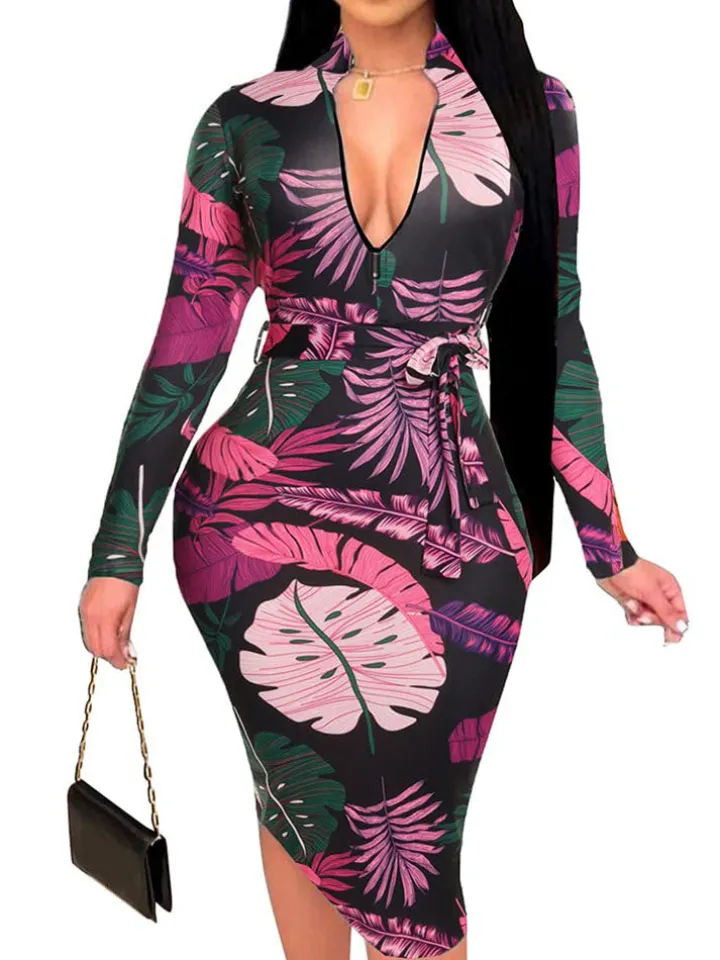 Floral Print Long Sleeve Belted Midi Dress