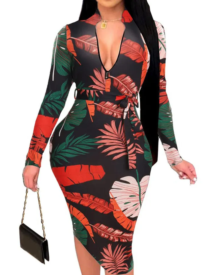 Floral Print Long Sleeve Belted Midi Dress