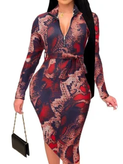 Floral Print Long Sleeve Belted Midi Dress