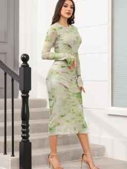 Floral Print Long Sleeve Side Split Dresses