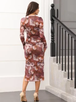Floral Print Long Sleeve Side Split Dresses