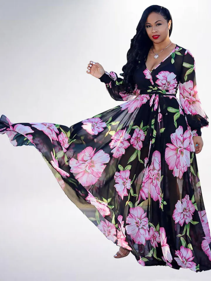 Floral Print Pleated Maxi Dress