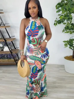 Floral Print Sleeveless Cut Out Mermaid Dress