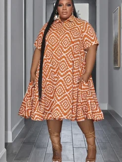 Flowy Plus Size Shirt Collar Short Sleeve Midi Dress