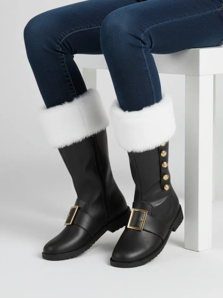 Fur Trim Buckles Bell Decor Santa Boots
