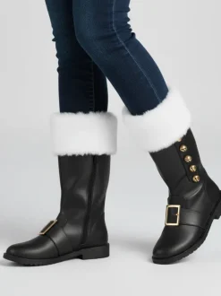 Fur Trim Buckles Bell Decor Santa Boots