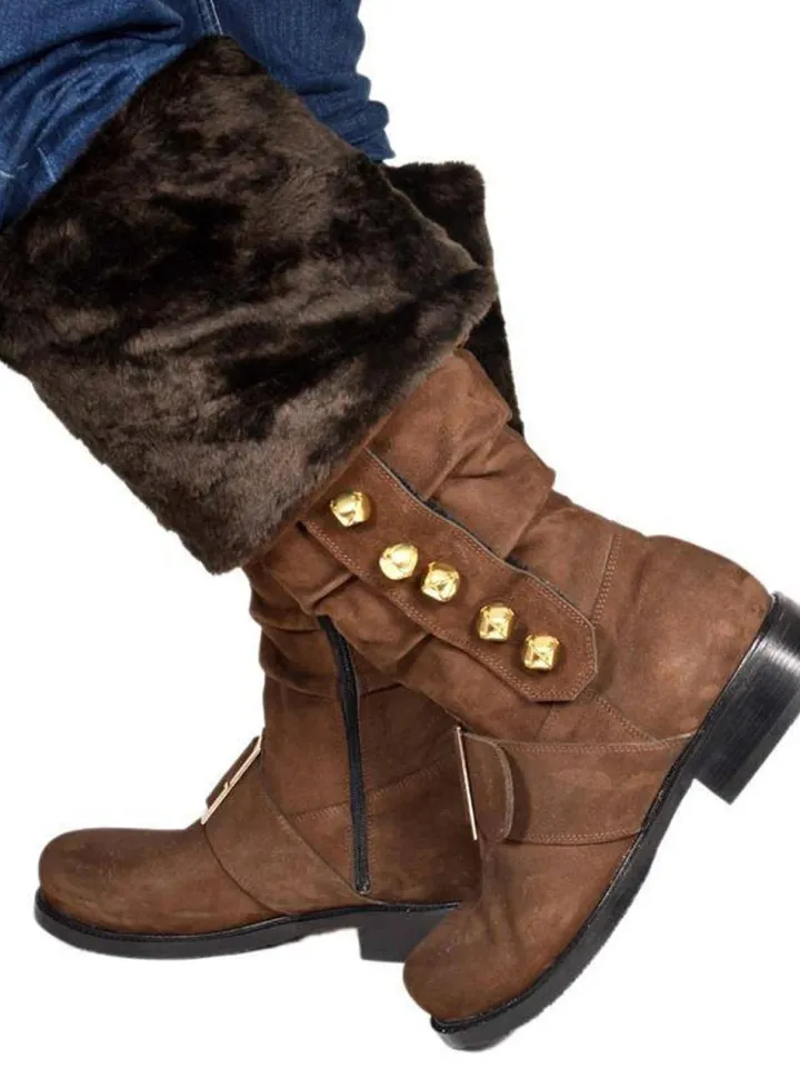 Fur Trim Buckles Bell Decor Santa Boots