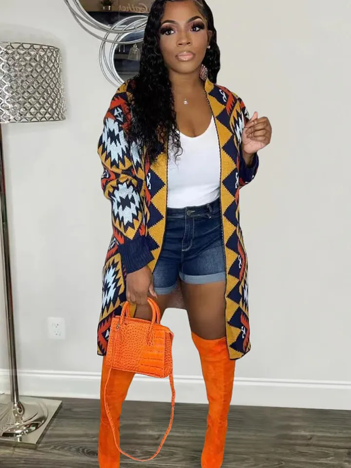 Geometric Long Sleeve Printed Bodycon Cardigan