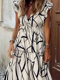 Geometric Print V-Neck Ruffle Hem Maxi Dress