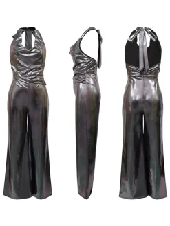 Glitter Halter Cowl Neck Backless Jumpsuit