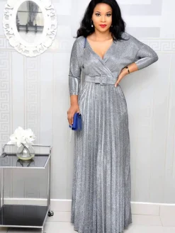 Glitter Long Sleeve V Neck Pleated Maxi Dress