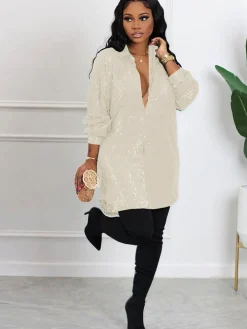Glitter Sequins Long Sleeve Mini Shirt Dress