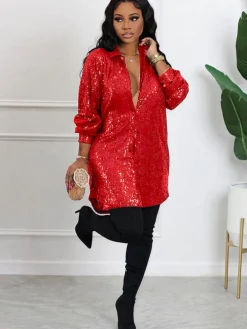 Glitter Sequins Long Sleeve Mini Shirt Dress