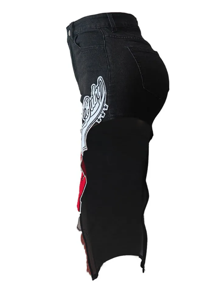 Graffiti Patchwork High Slit Denim Midi Skirt