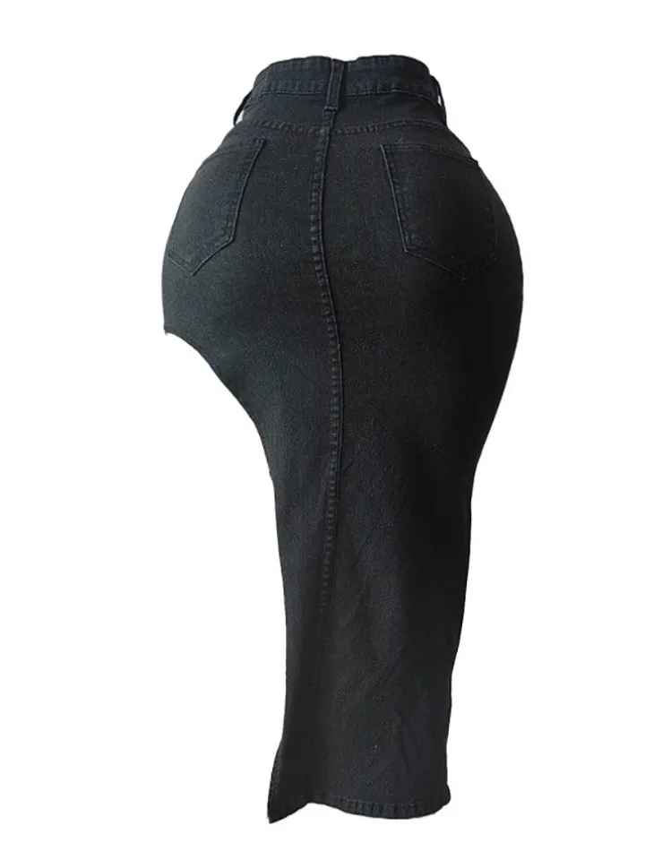 Graffiti Patchwork High Slit Denim Midi Skirt