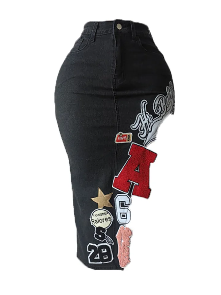 Graffiti Patchwork High Slit Denim Midi Skirt