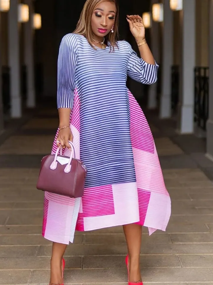 Half Sleeves Striped Asymmetrical Midi Dress