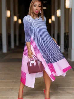 Half Sleeves Striped Asymmetrical Midi Dress