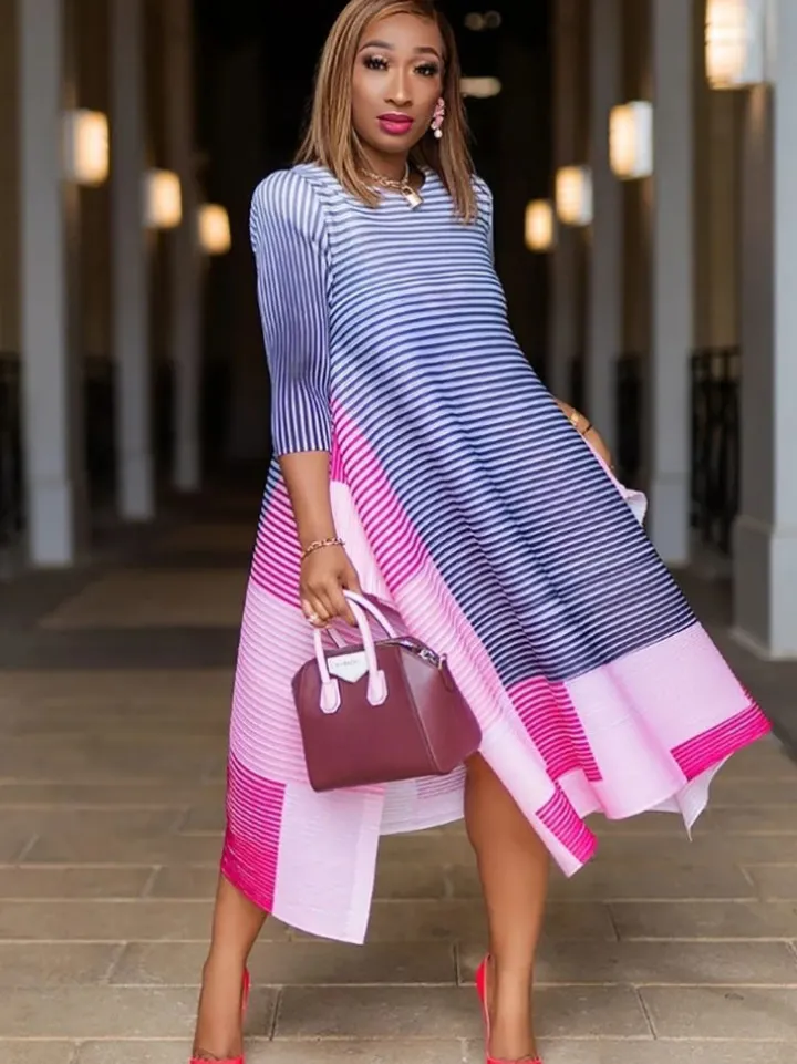 Half Sleeves Striped Asymmetrical Midi Dress