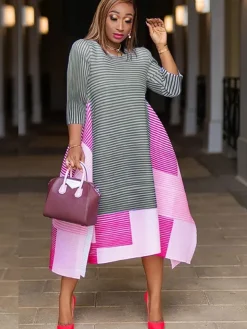 Half Sleeves Striped Asymmetrical Midi Dress