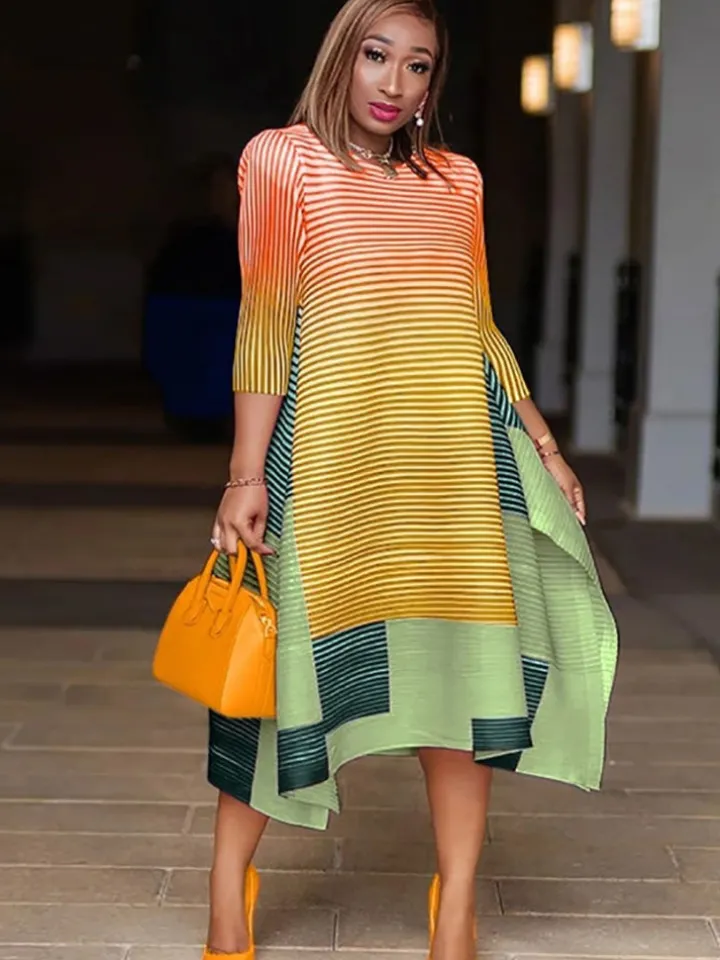 Half Sleeves Striped Asymmetrical Midi Dress