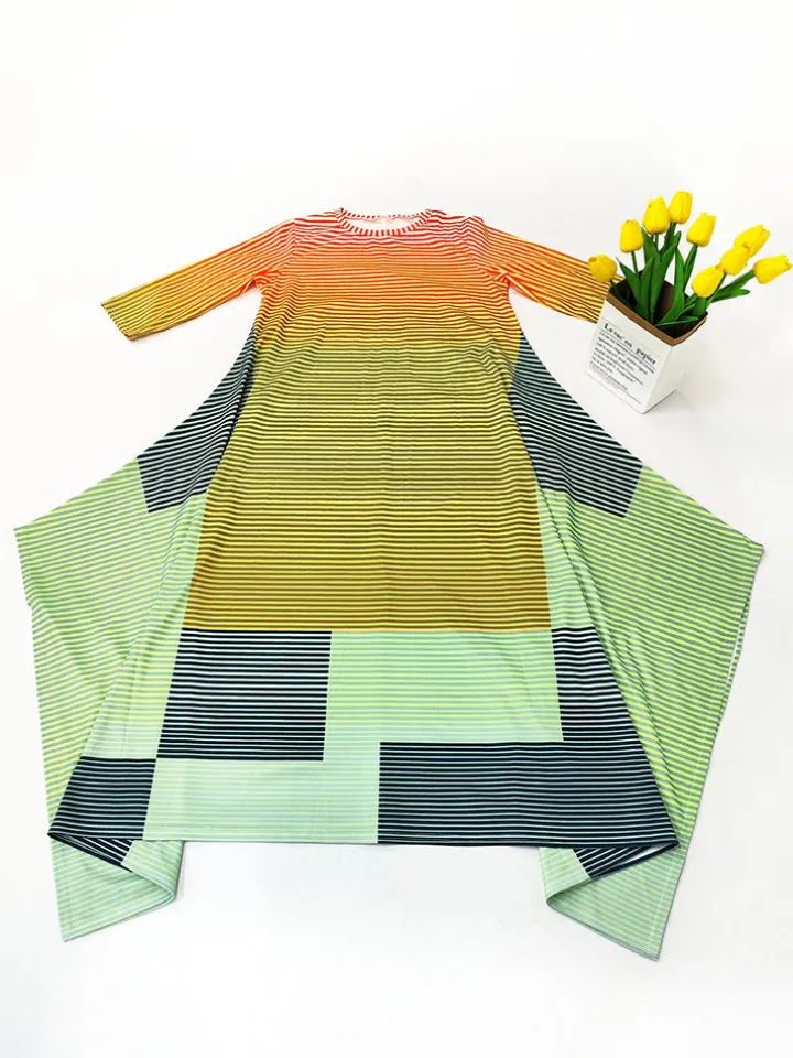 Half Sleeves Striped Asymmetrical Midi Dress