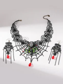 Halloween Skull Spider Lace Necklace u0026 Earring Set