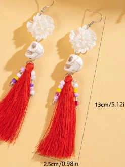 Halloween Skull Tassel Beaded Earrings