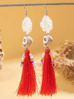 Halloween Skull Tassel Beaded Earrings