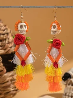 Halloween Skull Tassel Beaded Earrings