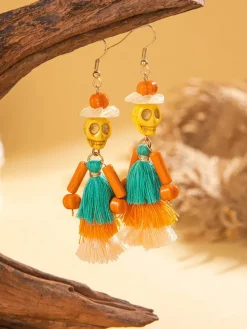 Halloween Skull Tassel Beaded Earrings