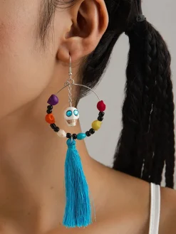Halloween Skull Tassel Beaded Earrings
