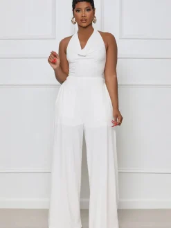 Halter Neck Backless Lace Up Wide Leg Jumpsuit